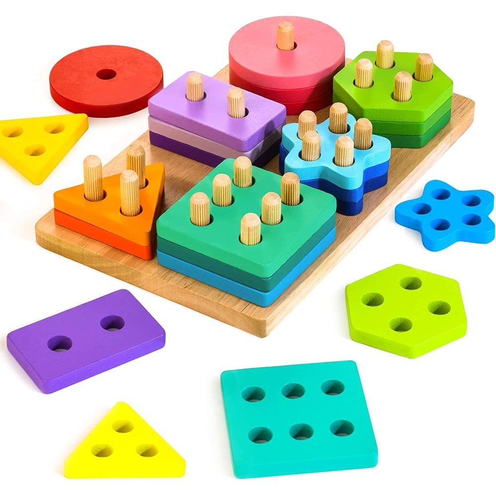 Brinquedo de classificação e empilhamento HELLOWOOD Wooden de 1 a 3 anos com 24 blocos