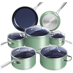 Conjunto de Panelas Antiaderente em Cerâmica 12 Peças com Infusão de Diamante, sem PTFE e PFOA, Seguro para Forno, Tampas de Vidro