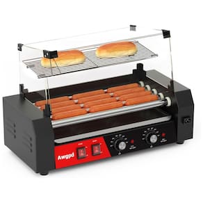 Máquina de Salsicha Hot Dog Awgpd, 12 hot dogs e 5 rolos antiaderentes, com tampa de vidro, bandeja coletora, controle de temperatura duplo