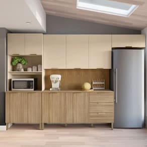 Cozinha Completa 5 Peças 10 Portas 3 Gavetas com Tampo e Painel Ripado Central Glam Freijó/Vanilla/CP Ripado Freijó