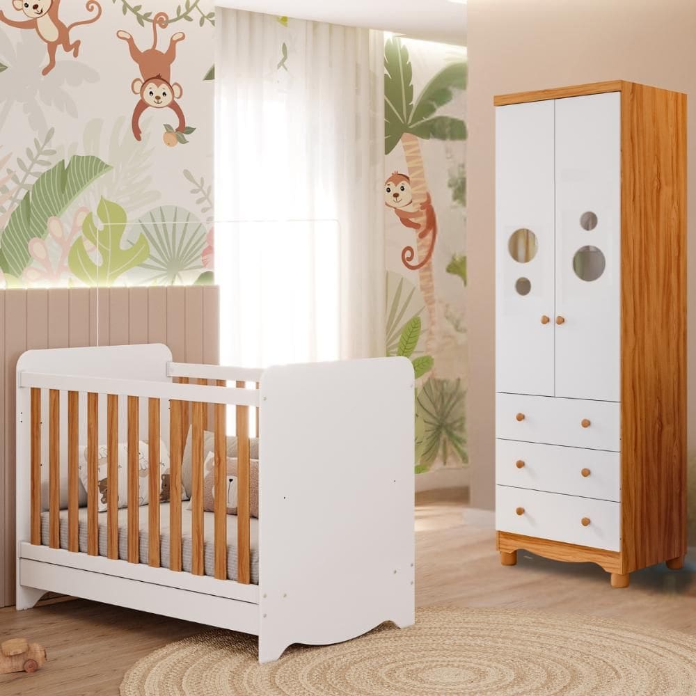 Quarto Bebê Completo Berço Americano Ben 3 em 1 Guarda Roupas 2 Portas 3 Gavetas Bolinha 100% MDF