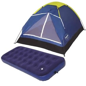 Barraca Iglu para Camping 2 Pessoas Azul com Colchão Inflável Solteiro e Inflador Mecânico MOR