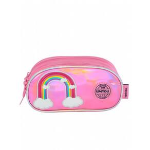 Estojo Menina Escolar Triplo Arco Íris Holográfico Rosa
