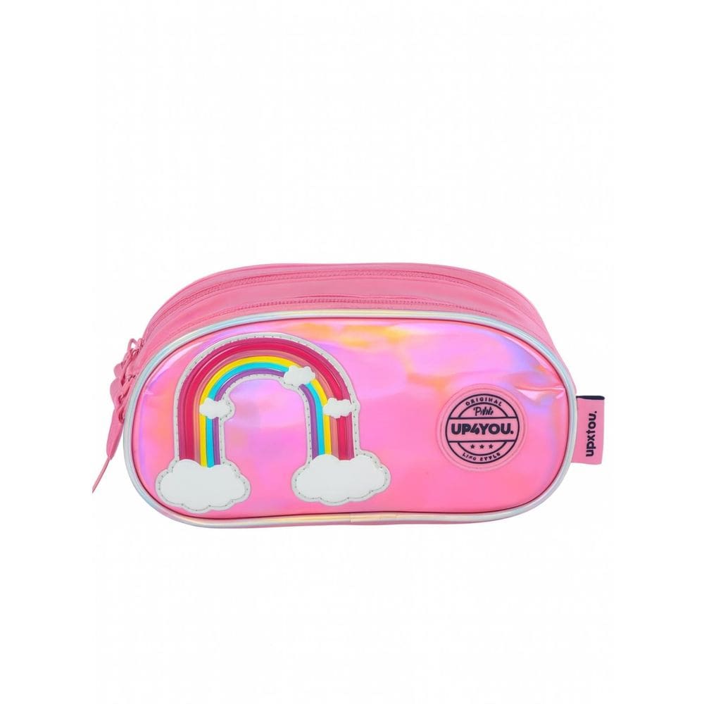Estojo Menina Escolar Triplo Arco Íris Holográfico Rosa