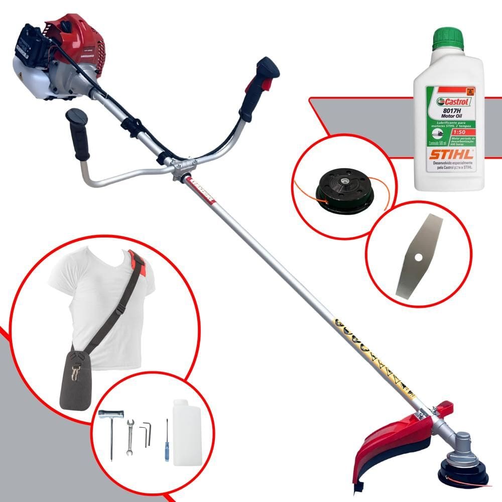 Roçadeira Lateral Completa À Gasolina Kawashima BCJ521L 52cc 2,5HP Alta Rotação Com 2 Opções de Corte Carretel Nylon + Faca 2 Pontas + ÓLEO STIHL 2T