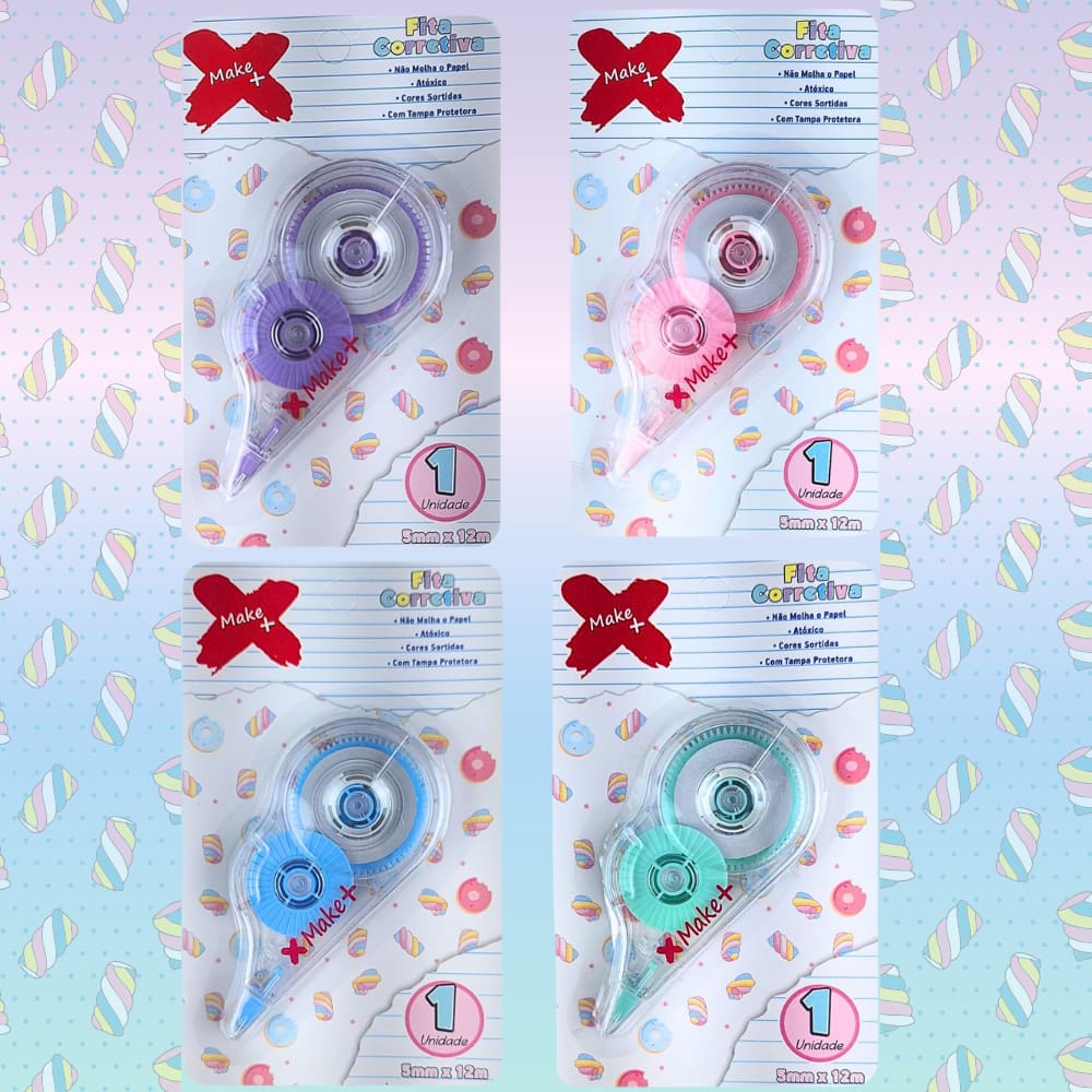 Kit 04 Fita Corretiva Candy Não Molha o Papel 5mmx12m c/ Tampa Protetora - Make+ | Papelaria | Material Escolar