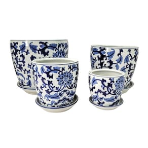Kit 4 Vaso Porcelana Azul E Branco Floral Prato Decoração