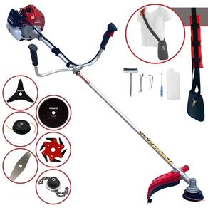Roçadeira Cortador de Grama Kawashima BCJ521-L À Gasolina 52cc 10.000rpm + Kit Extra de Lâmina 3 Pontas, Lâmina 6 Pontas, Lâmina 80 Dentes e Trimmer