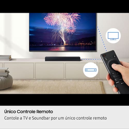 Soundbar Samsung HW-B400F, com 2.0 canais, Bluetooth, Subwoofer integrado e HDMI ARC