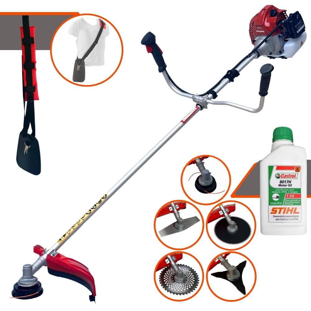 Roçadeira Aparador de Grama Lateral Kawashima BCJ521-L À Gasolina 52cc 2,5HP Robusta Com Carretel de Nylon + Kit 4 Lâminas de Corte + ÓLEO STIHL 2T