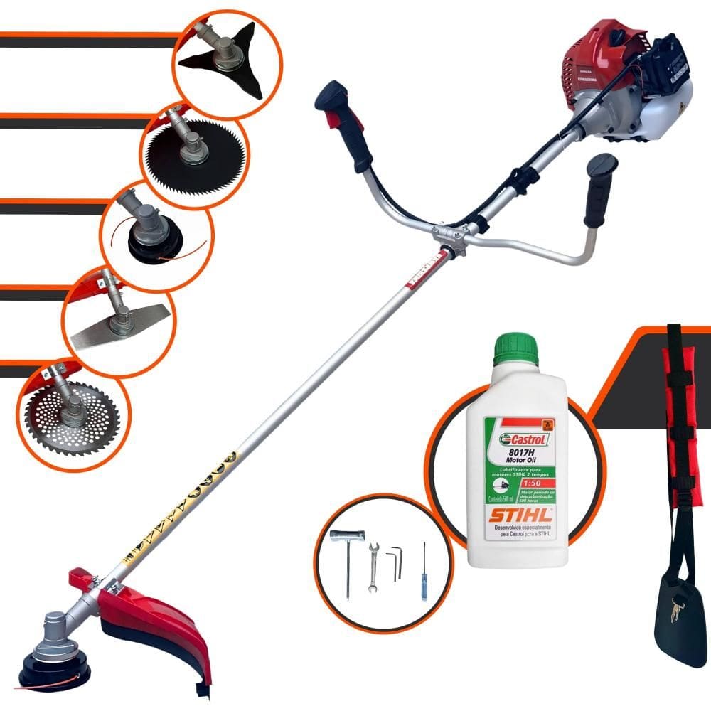 Roçadeira Kawashima BCJ521-L À Gasolina 52cc 2,5HP C/ Faca 2 Pontas + Faca 3 Pontas + Faca 40 Dentes + Faca 80 Dentes + Carretel Nylon + ÓLEO STIHL 2T