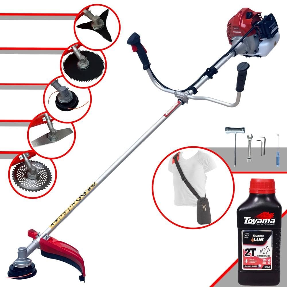 Roçadeira Kawashima BCJ521L 52cc 2,5HP C/ Carretel + Faca 2 Pontas, 3 Pontas, 6 Pontas, 40 Dentes, 80 Dentes, Trimmer e Escova de Aço + ÓLEO TOYAMA 2T