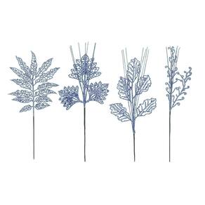 Conjunto 4 Galhos Natalinos Folhagem Decorativa Glitter Azul 30cm - Magizi