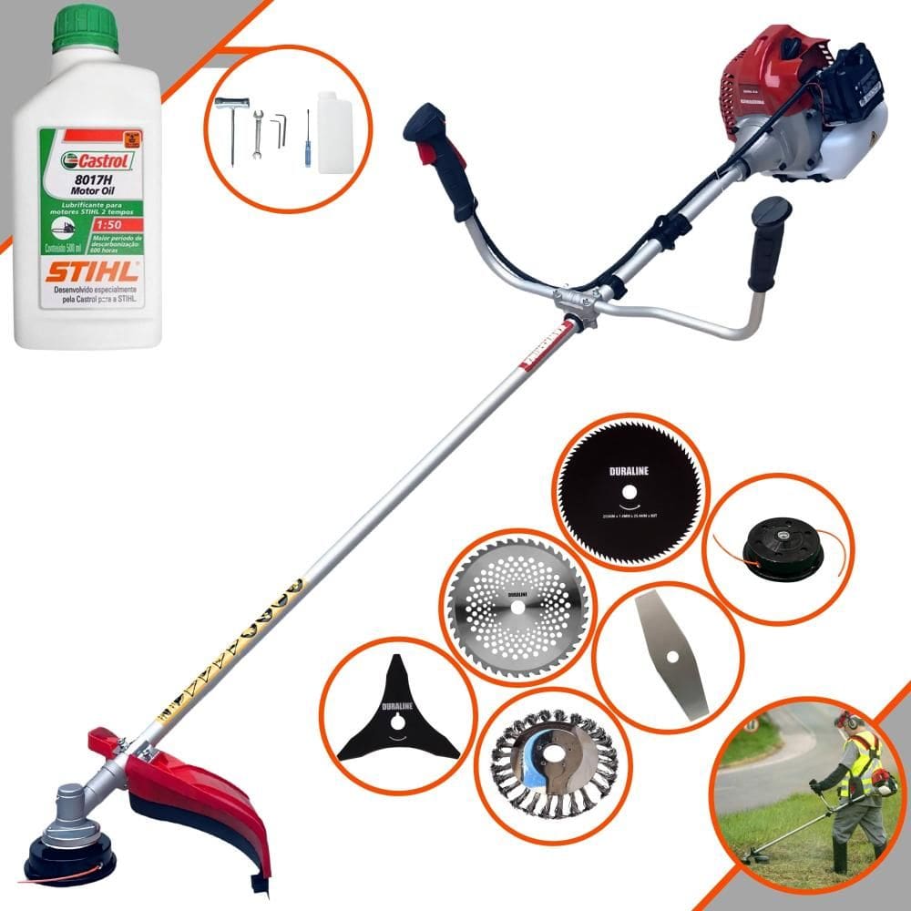 Roçadeira Kawashima BCJ521L 52cc Com Carretel e Lâmina Facão + Lâmina 3 Pontas + Lâmina 40 Dentes + Lâmina 80 Dentes + Escova de Aço + ÓLEO STIHL