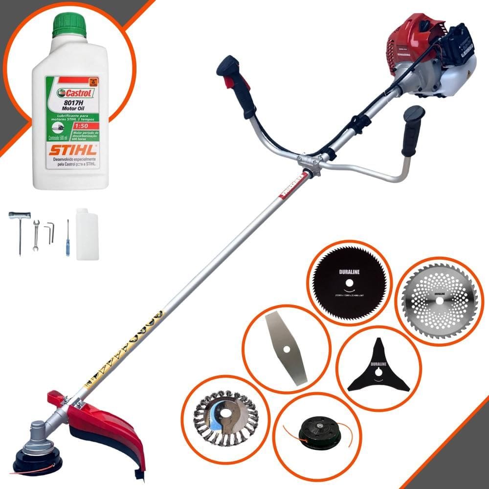 Roçadeira À Gasolina Kawashima BCJ521-L 52cc Com Lâmina 2 Pontas e Carretel + Facas 3 Pontas, 40 Dentes Vídea, 80 Dentes, Escova de Aço + ÓLEO STIHL