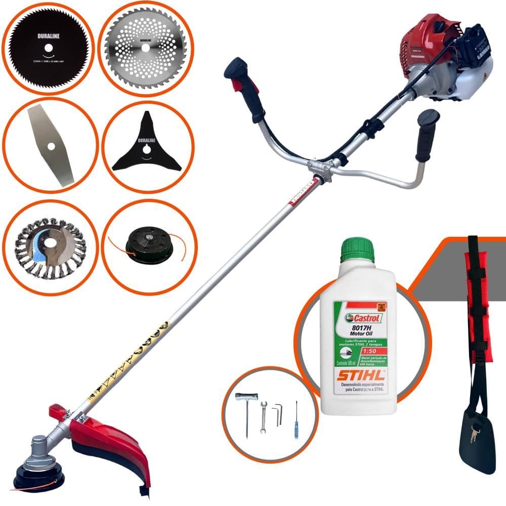 Roçadeira 6 Em 1 Kawashima BCJ521L 52cc Com Carretel + Faca 2 Pontas + Faca 3 Pontas + Faca 40 Dentes + Faca 80 Dentes + Escova de Aço + ÓLEO STIHL 2T