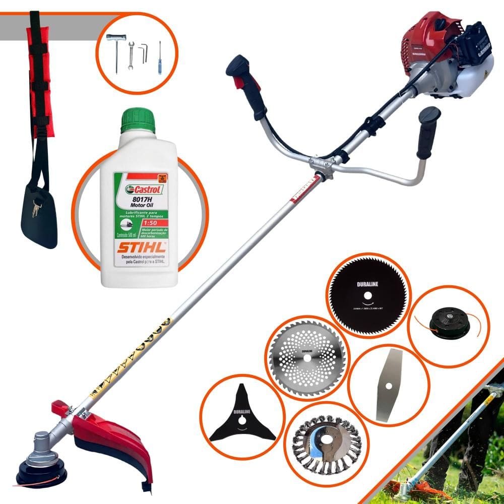 Cortador de Grama À Gasolina Kawashima BCJ521L 52cc 2,5HP 10000rpm Roçadeira Lateral 6 Em 1 Com Carretel + Kit 4 Facas + Escova de Aço + ÓLEO STIHL 2T