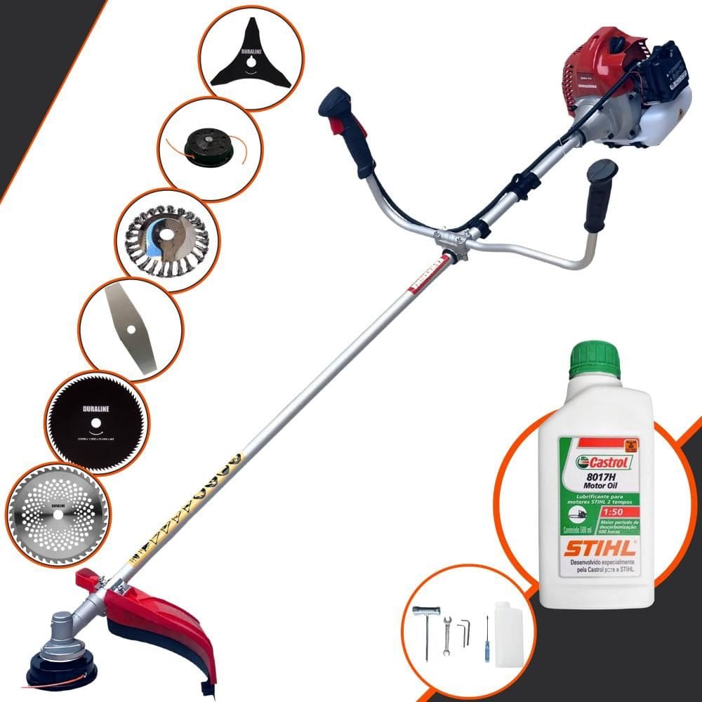 Roçadeira Robusta Kawashima BCJ521-L À Gasolina 52cc Com Carretel e Faca 2 Pontas + Facas 3 Pontas, 40 Dentes, 80 Dentes + Escova de Aço + ÓLEO STIHL