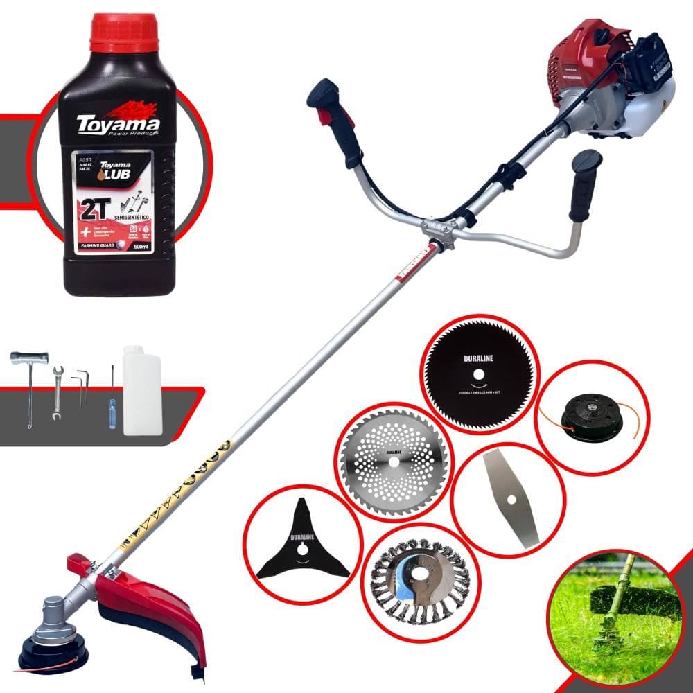 Roçadeira Kawashima BCJ521L 52cc 2,5HP Com Carretel e Faca 2 Pontas + Faca 3 Pontas + Faca 40 Dentes + Faca 80 Dentes + Escova de Aço + ÓLEO TOYAMA