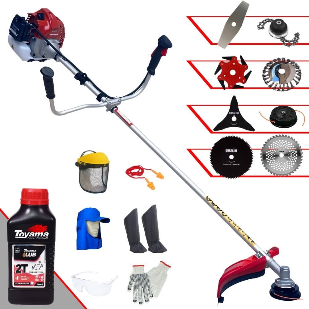 Roçadeira Kawashima BCJ521-L 52cc 2,5HP + Facas 2 Pontas, 3 Pontas, 6 Pontas, 40 Dentes Vídea, 80 Dentes, Trimmer e Escova de Aço + EPI + ÓLEO TOYAMA