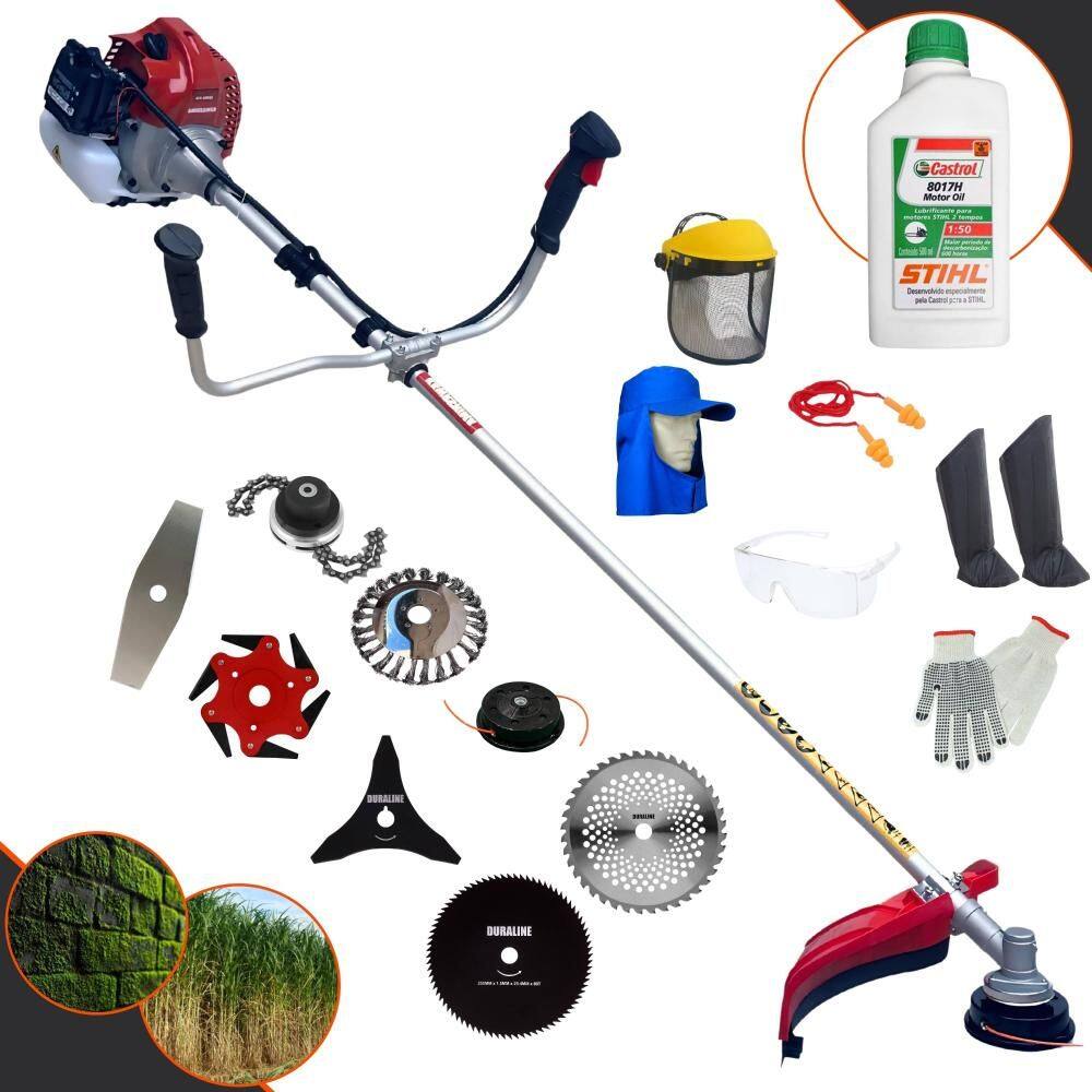 Roçadeira Kawashima BCJ521L 52cc Com Carretel + Facas 2 Pontas, 3 Pontas, 6 Pontas, 40 Dentes, 80 Dentes, Trimmer e Escova de Aço + EPI + ÓLEO STIHL