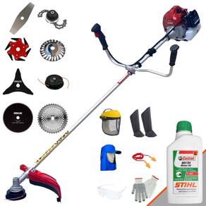 Máquina de Cortar Grama Profissional À Gasolina Kawashima BCJ521L 52cc 2,5HP 10.000rpm Roçadeira Completa Com 8 Opções de Cortes + EPI + ÓLEO STIHL 2T