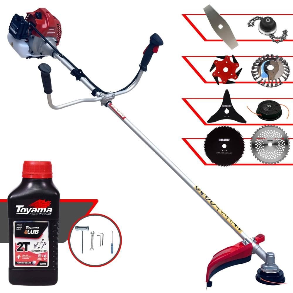 Roçadeira Kawashima BCJ521L 52cc 2,5HP C/ Carretel + Faca 2 Pontas, 3 Pontas, 6 Pontas, 40 Dentes, 80 Dentes, Trimmer e Escova de Aço + ÓLEO TOYAMA 2T