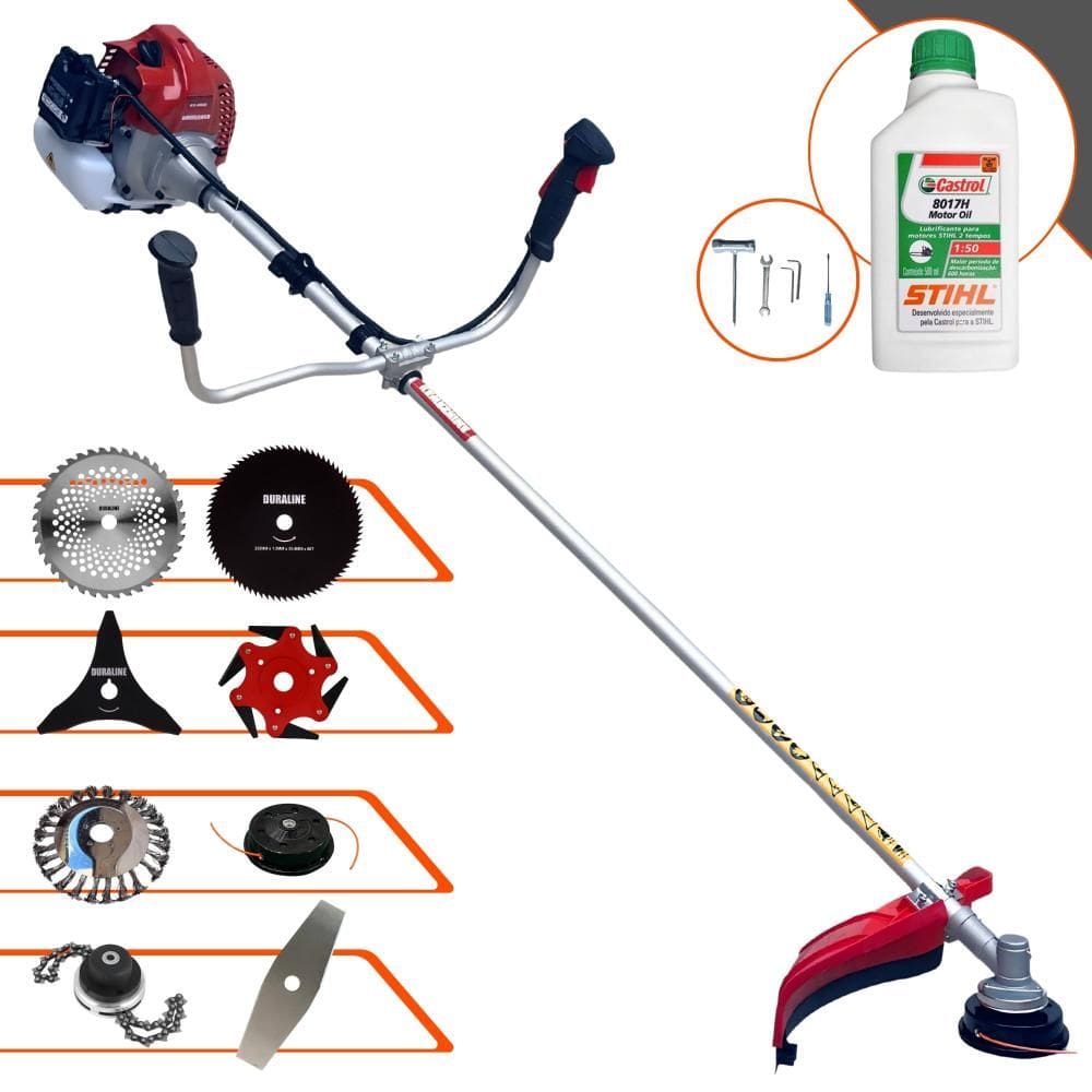 Roçadeira Kawashima BCJ521-L 52cc 2,5HP Com Carretel + Facas 2 Pontas, 3 Pontas, 6 Pontas, 40 Dentes, 80 Dentes, Trimmer, Escova de Aço + ÓLEO STIHL