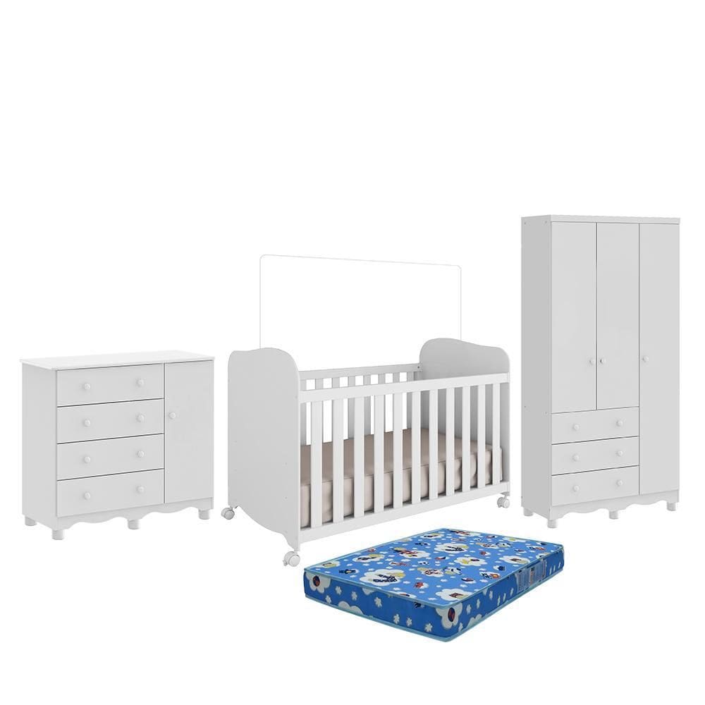 Dormitório Júnior 3 Portas, Cômoda 1 Porta e Berço Uli com Colchão Baby Physical - Móveis Peroba
