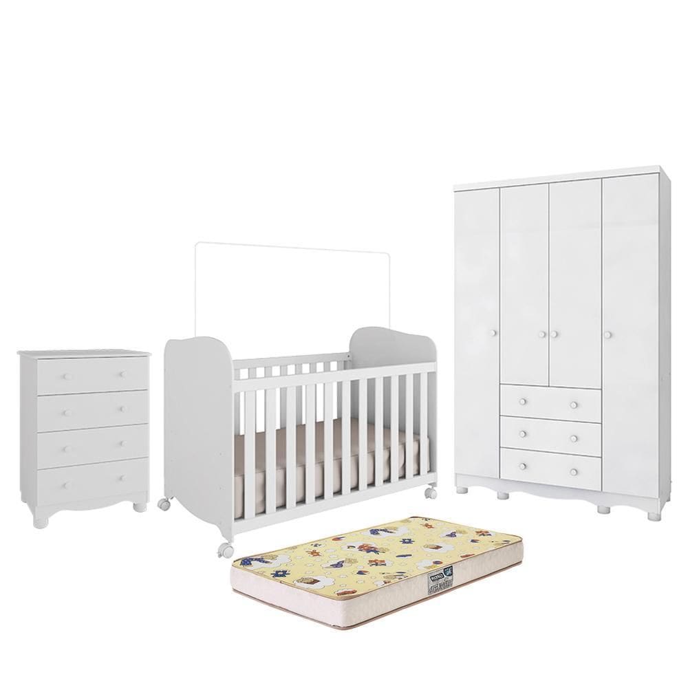 Dormitório Infantil Júnior 4 Portas, Cômoda e Berço Uli com Colchão Supreme - Móveis Peroba