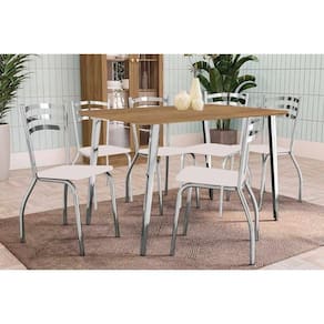Sala de Jantar Completa Iguaçu c/ Tampo de Madeira 1,60cm + 6 Cadeiras Portugal Cromada/Branco 106 - Kappesberg