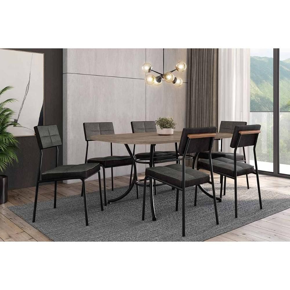 Sala de Jantar Completa 1547 Aço c/ Tampo Madeirado 160x90cm e 6 Cadeiras Neo Preto/Legno - Preto/Grafite - Preto - Carraro