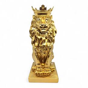 Estatueta Leão Dourado Brilhante com Coroa de Resina 36 cm