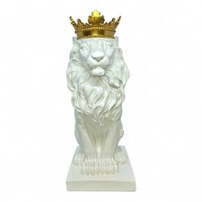 Estatueta Leão Branco Brilhante com Coroa de Resina 36 cm