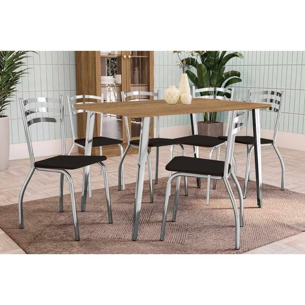 Sala de Jantar Completa Iguaçu c/ Tampo de Madeira 1,60cm + 6 Cadeiras Portugal Cromada - Courano Preto - Kappesberg
