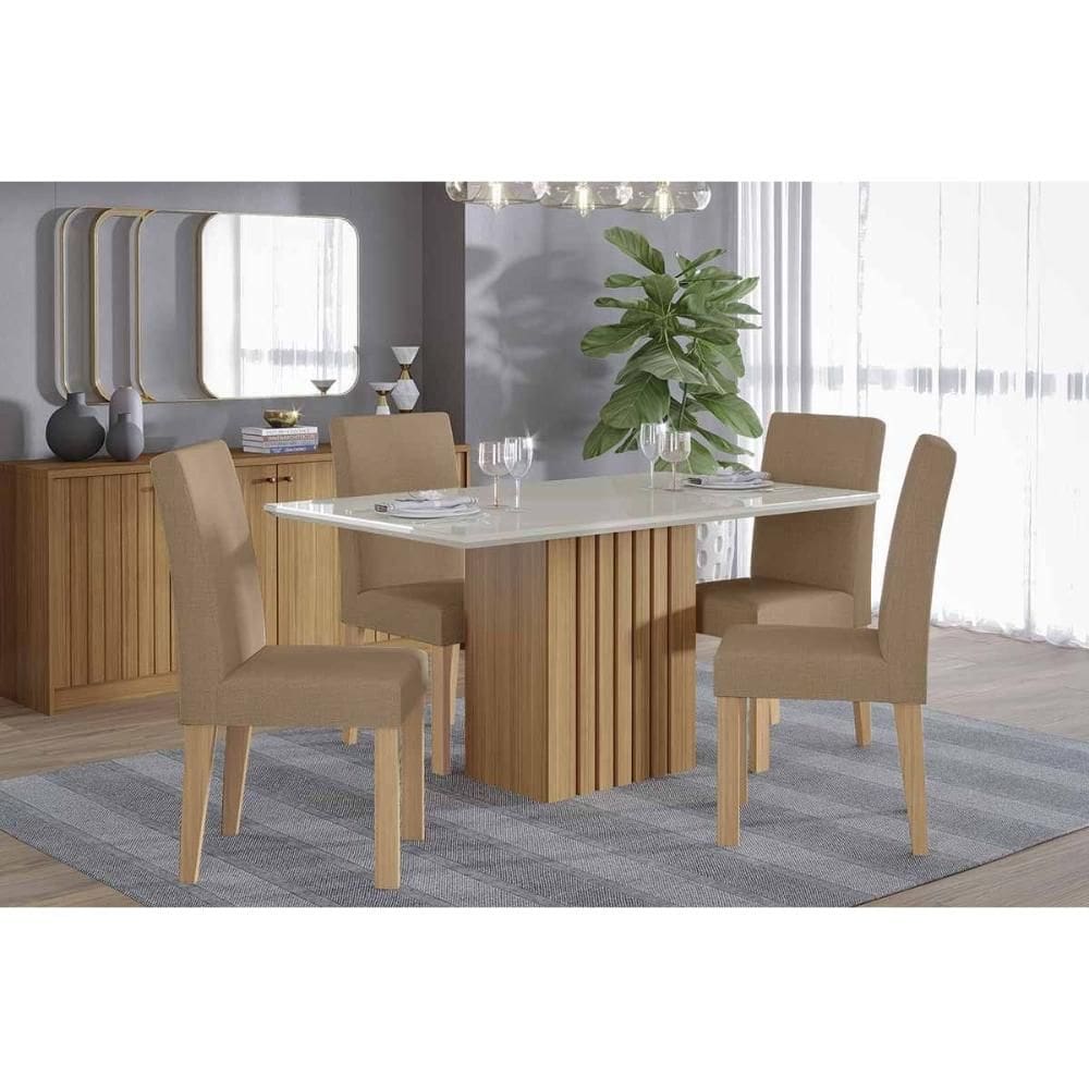 Sala de Jantar Completa Ana Tampo Madeirado c/ Vidro 130x80cm e 4 Cadeiras Maia Cinamomo/Off White - Cinamomo/Suede Mascavo Chocolate - Cimol