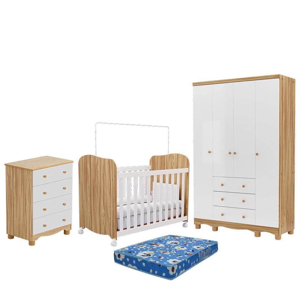 Dormitório Infantil Júnior 4 Portas, Cômoda e Berço Uli com Colchão Baby Physical - Móveis Peroba