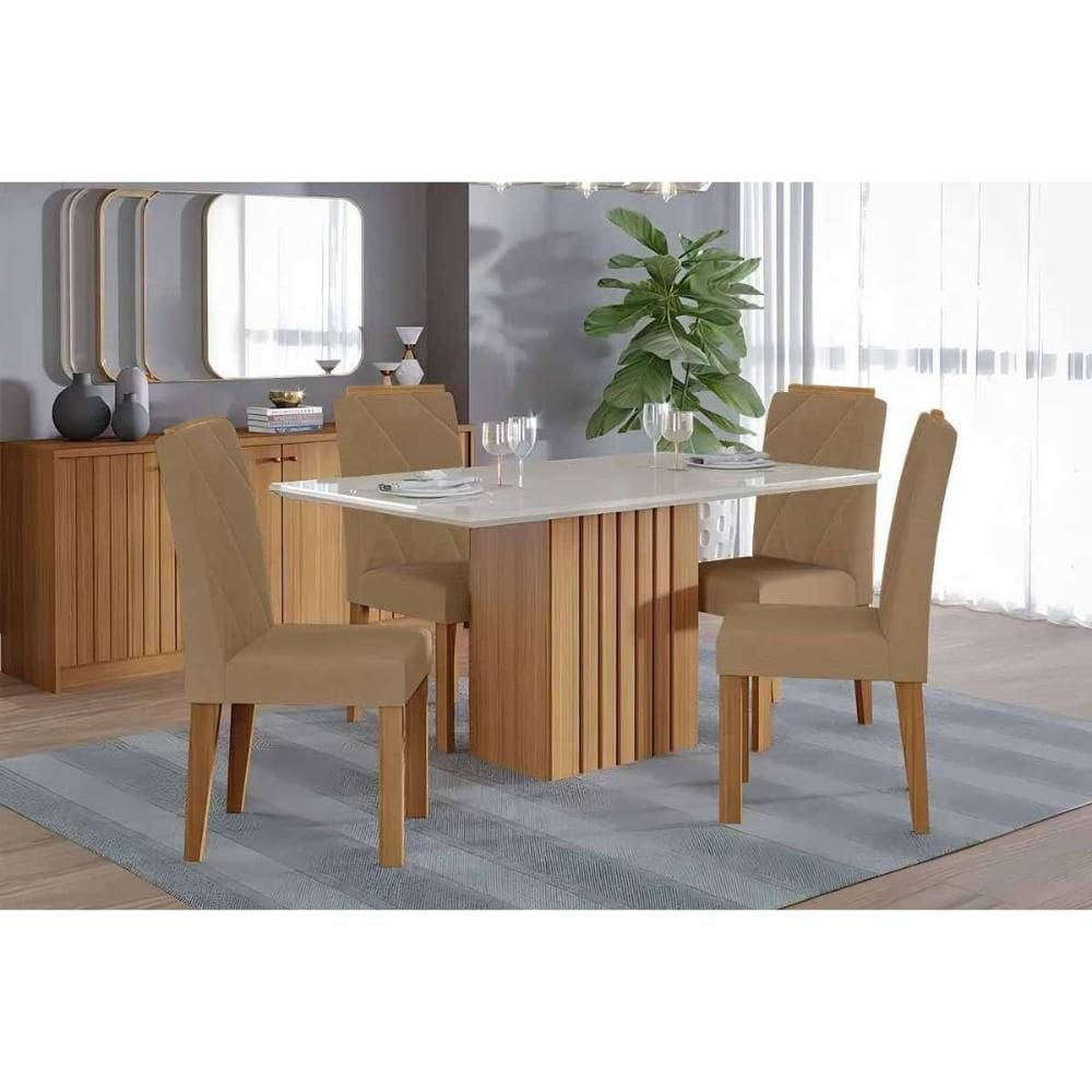 Sala de Jantar Completa Ana Tampo Madeirado c/ Vidro 130x80cm e 4 Cadeiras Fernanda Cinamomo/Off White - Carvalho/Suede Joli Capuccino - Cimol