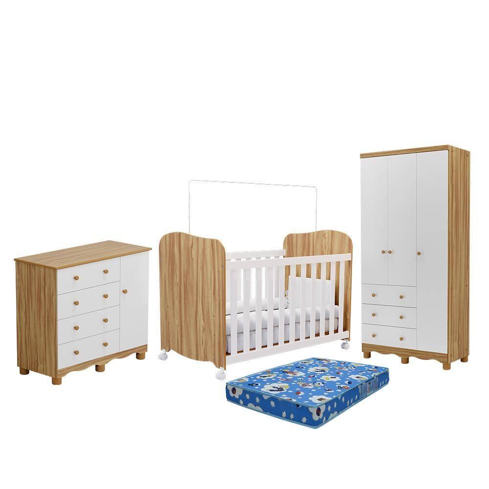 Dormitório Júnior 3 Portas, Cômoda 1 Porta e Berço Uli com Colchão Baby Physical - Móveis Peroba