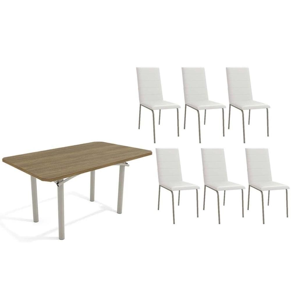 Sala de Jantar Completa Elba c/ Tampo de Madeira 160cm e 6 Cadeiras Amsterdã Niquel/Nogueira - Courano Branco - Kappesberg