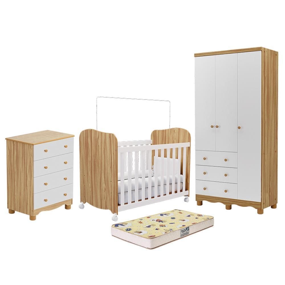 Dormitório Infantil Júnior 3 Portas, Cômoda e Berço Uli com Colchão Supreme - Móveis Peroba