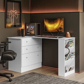 Mesa Escrivaninha Cômoda Giratória Gamer e Estudo MDP Branco