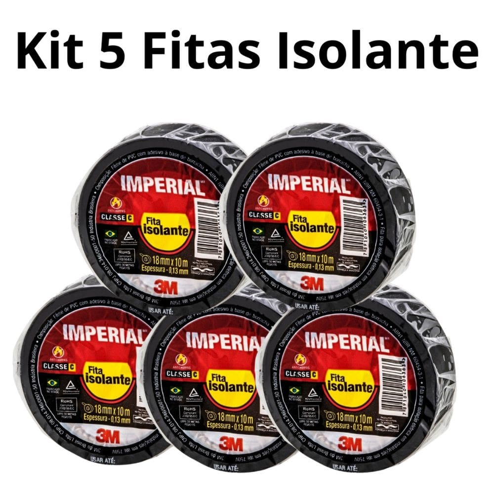 Kit 5 Fitas Isolante 3M Imperial 18mm x 10 Metros Suporta 90°C