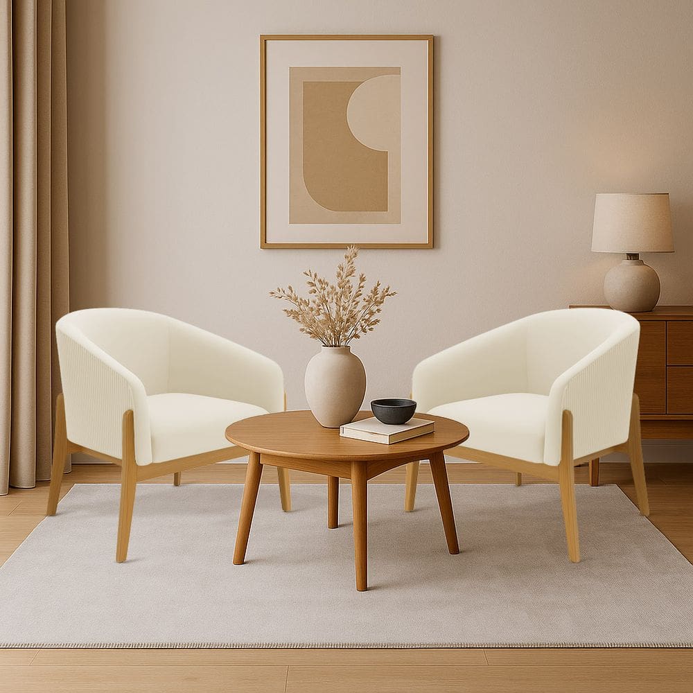 Poltrona Decorativa Base Madeira Kit 2 Stella Cotelê Ext/Veludo Off White D03 - D`Rossi
