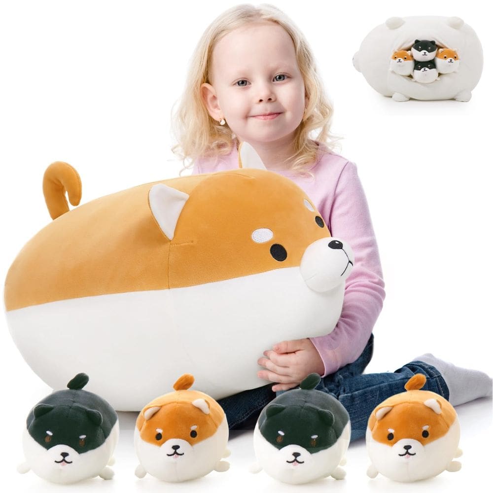 Bicho de pelúcia Karister Dog Shiba Inu com 4 bebês de 18"