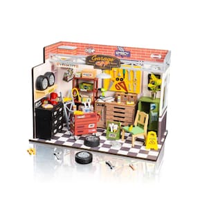 Kit de casa em miniatura RoWood Garage Workshop com LED para adultos
