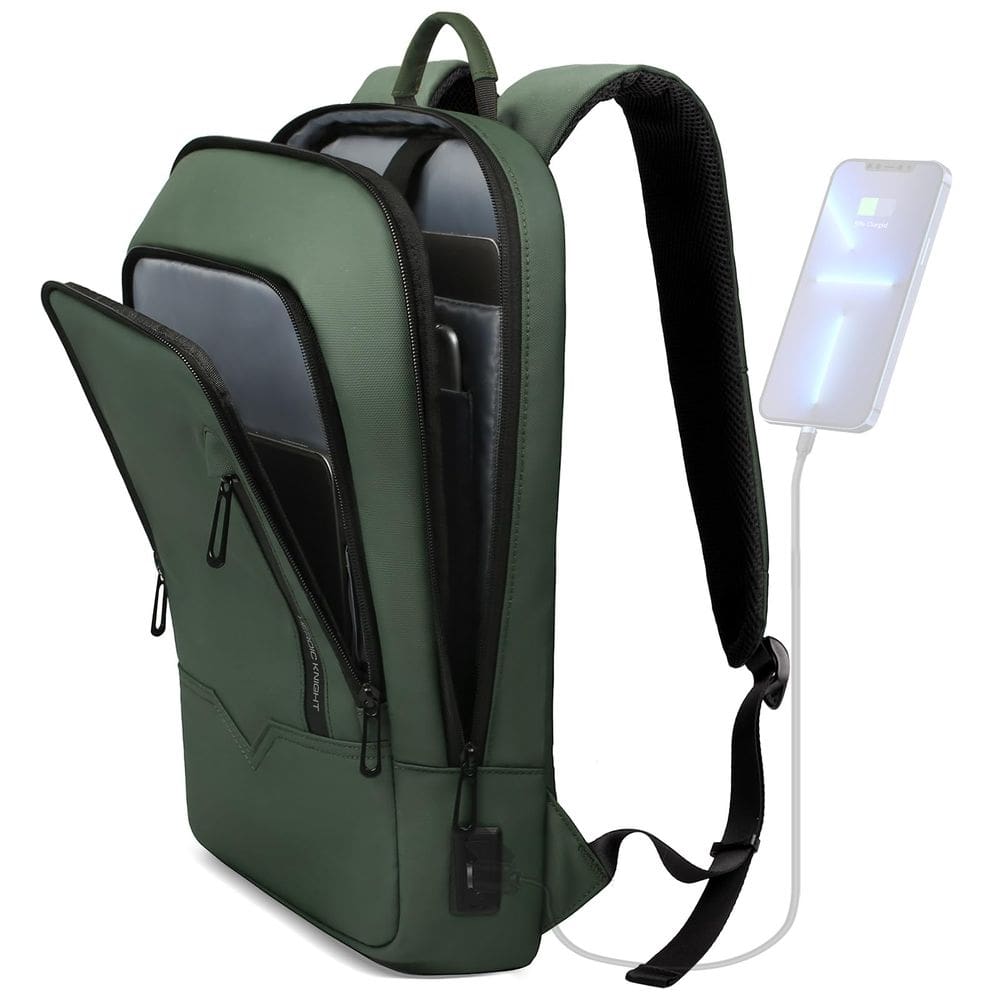 Mochila hk Business Slim para homens com carregador USB de 15,6" verde