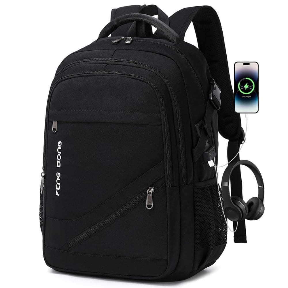 Mochila FENGDONG impermeável para laptop de viagem 17,3" preta
