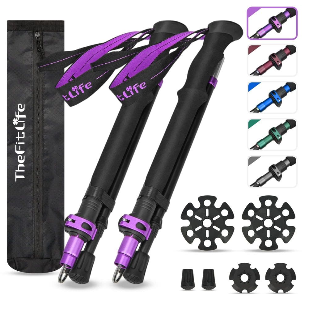Bastões de trekking TheFitLife dobráveis leves roxos