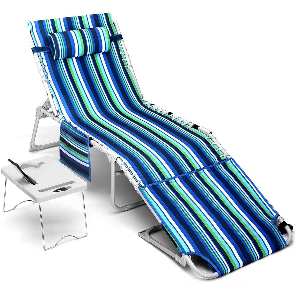 Cadeira de praia Yestomo 3 em 1 com mesa lateral dobrável listrada azul